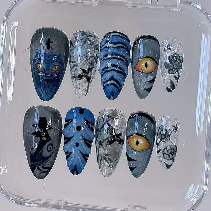 

24pcs Shiny Blue False Nails Halloween Mystery Dark Demon Cat Print Fake Nails Tips Gothic Punk European Press on Nails Wearable