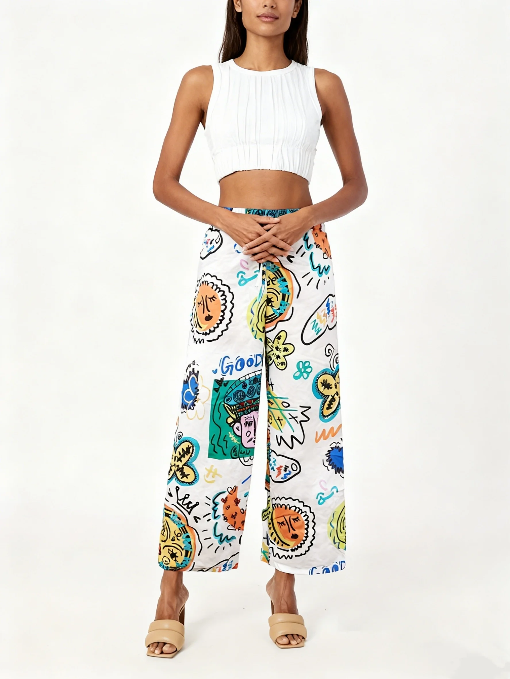 

Women's Abstract Graffiti Print Wide-Leg Pants High Waist Loose Casual Trousers Oversized Comfortable Streetwear Bottoms