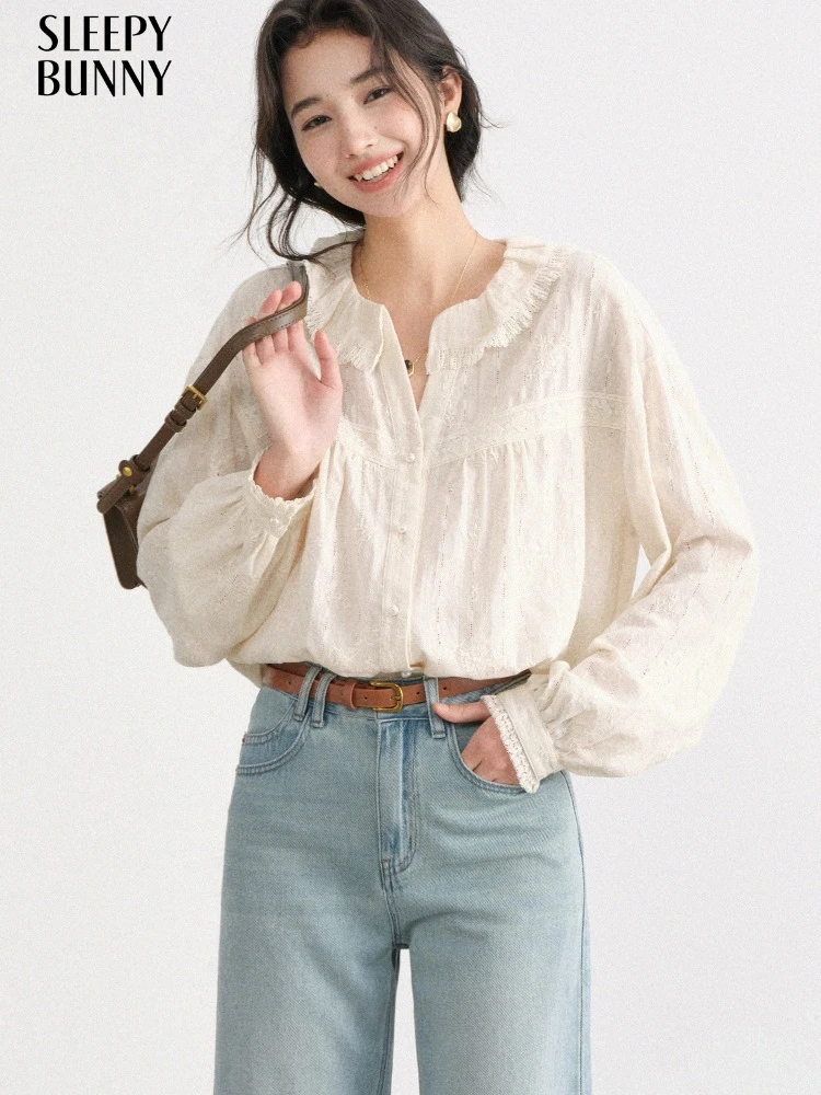 Women Cotton Embroidered Blouse Vintage Loose Shirt Hollow Lace Long Sleeve Top Spring Literary Style Button Up Cotton Shirt