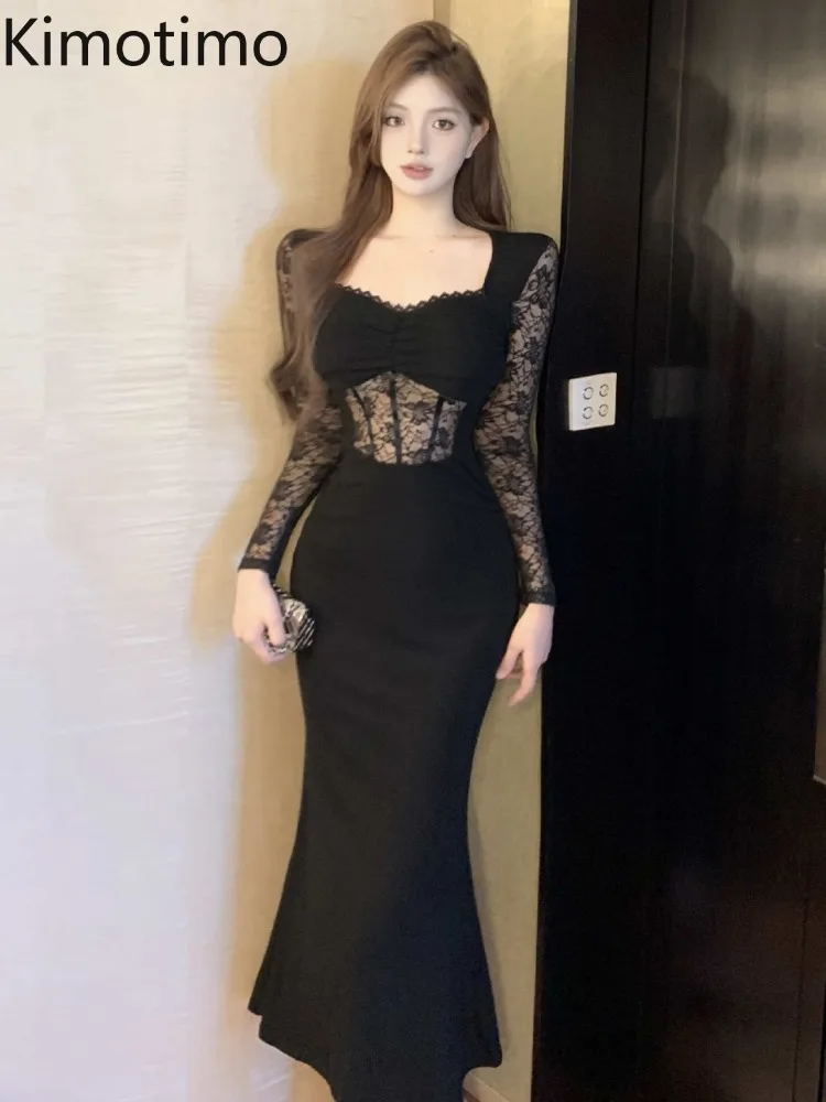 Kimotimo Temperament Long Sleeve Lace Splicing Dress Women Spring Sexy High Waist Sheath Mermaid Evening Party Long Dresses Robe