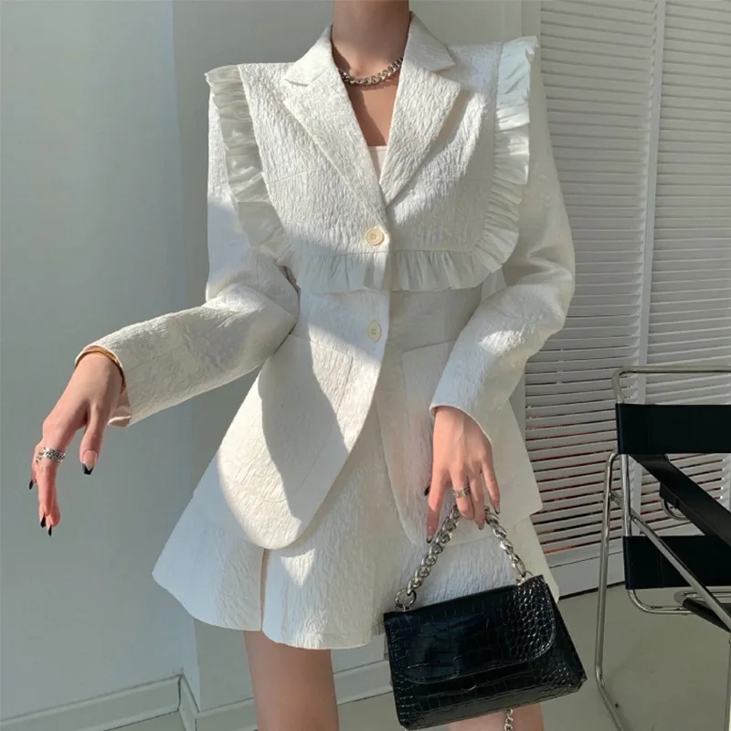 Women Two Piece Suit Set Jacket New High Waisted Coat Black White Retro Ruffled Jacket Spring Autumn Aesthetic 2023 Office Suits