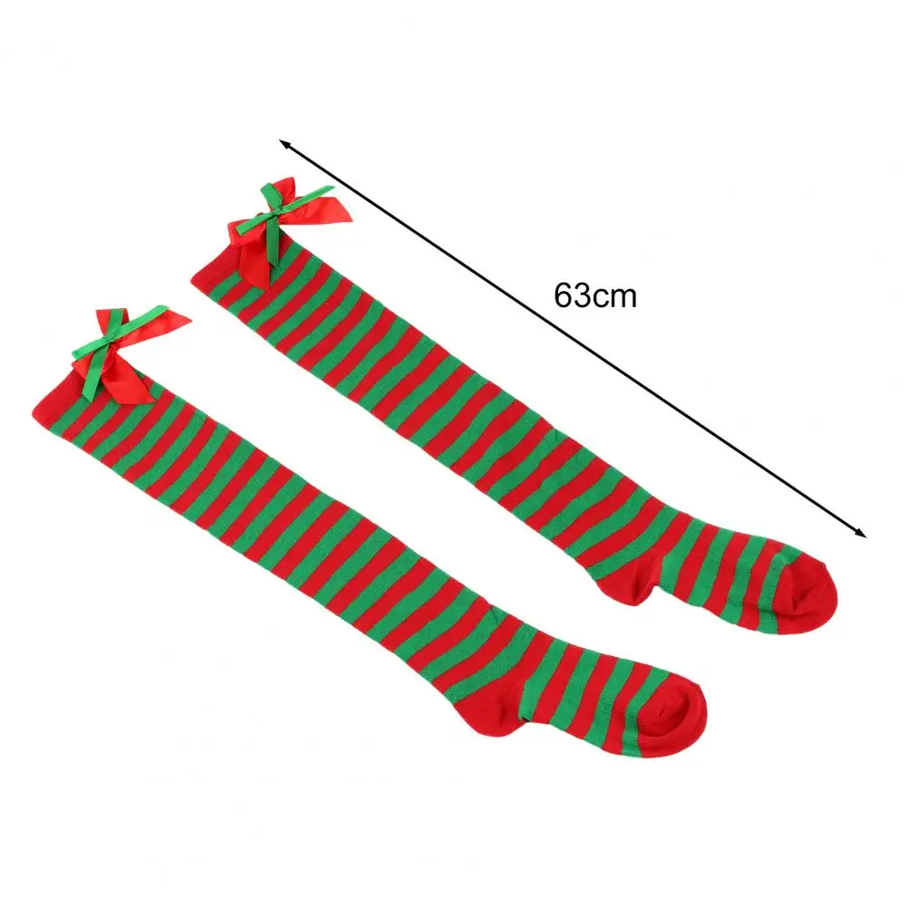 1 Pair Of Winter Christmas Socks With Bows Decorated With Contrasting Colors Striped Warm Knee-warmers Autumn And Winter Socks