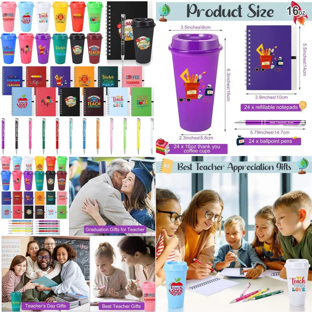 

Bulk 72 Piece Teacher Appreciation Gift Set: 16oz Plastic Coffee Cups, Lids, Notebooks, and Ballpoint Pens for Thanksgiving and