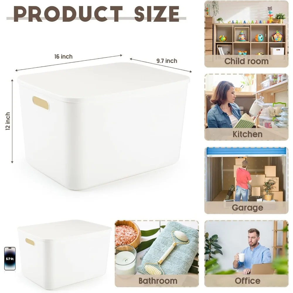 Caixas de armazenamento de plástico branco empilháveis com tampas, conjunto de 8 peças para organizar prateleiras e gavetas