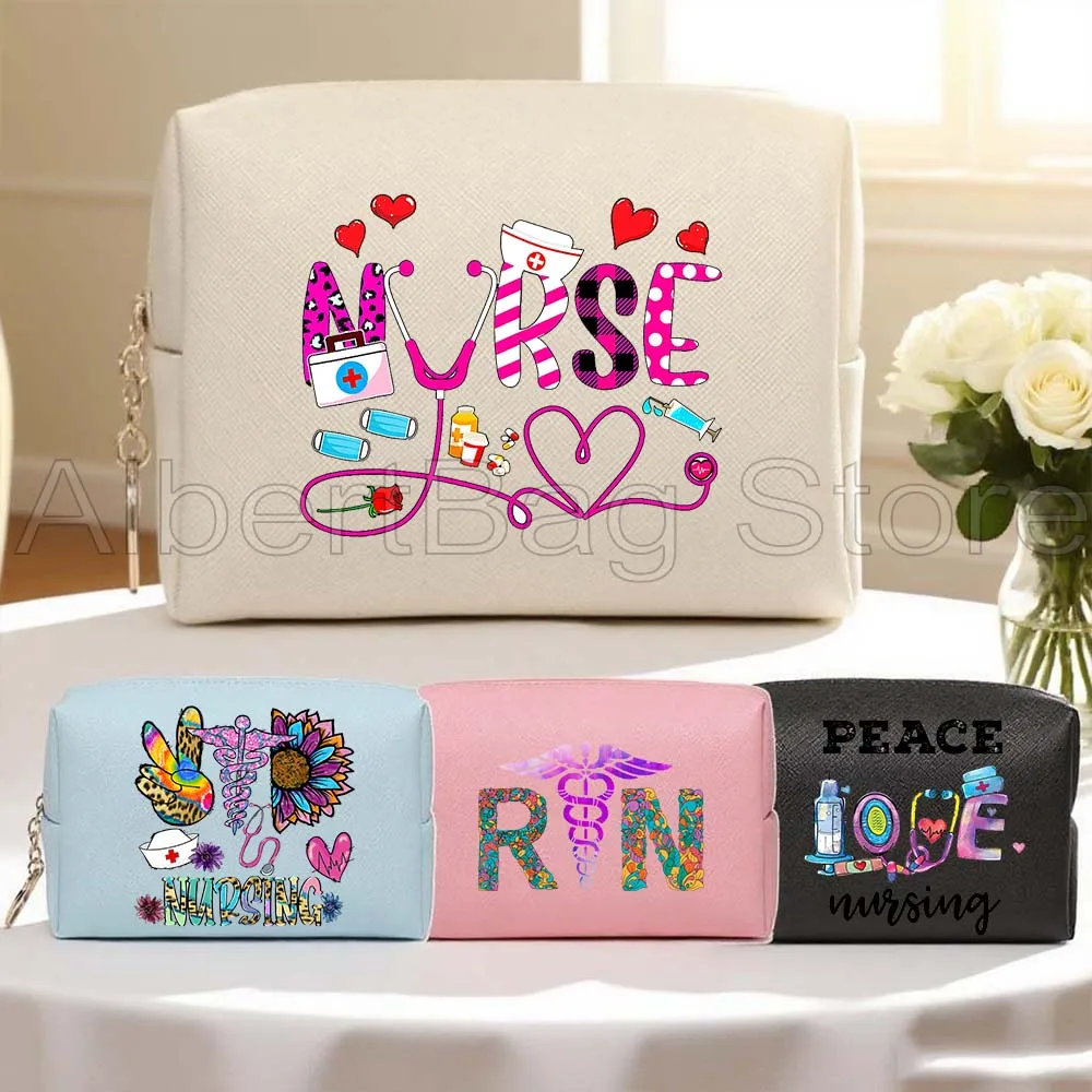 

Floral Caring RN Nurse Nursing Student Gifts PU Leather Travel Cosmetic Bags Women Makeup Waterproof Toiletry Wash Storage Bag