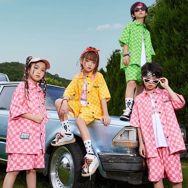 الفتيات أزياء رقص الجاز الفتيان الهيب هوب الملابس منقوشة قميص السراويل الشارع الرقص أداء ارتداء الاطفال K-pop المرحلة الزي SL9497