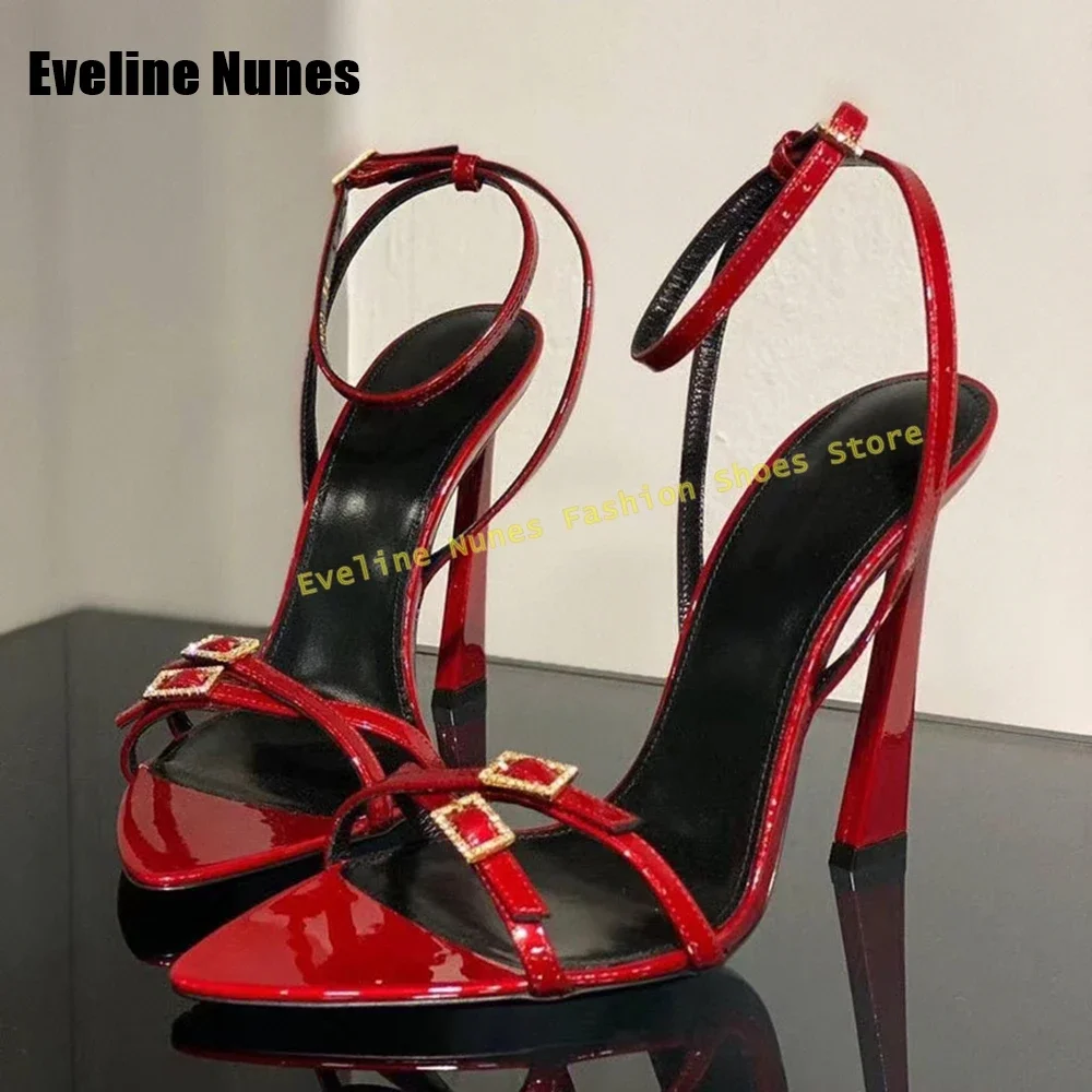 

Red Patent Leather Belt Buckle Sandals Pointed Toe Thin Heels Solid Slingback Sexy Women Party Shoes 2025 Summer Dress Shoes