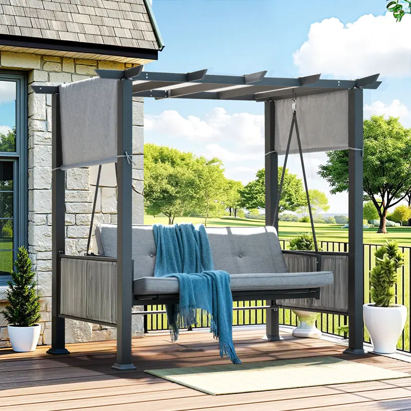 ！@Dwoo Modern Outdoor Metal Iron Frame Patio Swing Long Lasting Durability Garden Porch Sunbed Poolside Swing