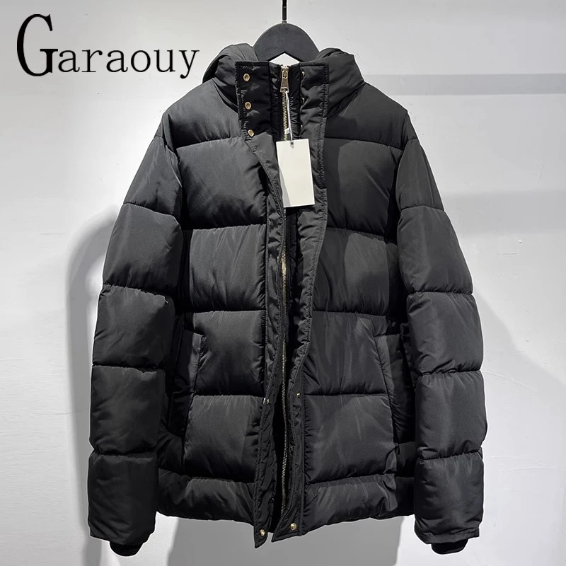 Garaouy 2024 Winter Women Simple Stand Collar Hooded Zipper Pocket Cotton Jacket Female Thickened Warm Black Parka Coats Outwear