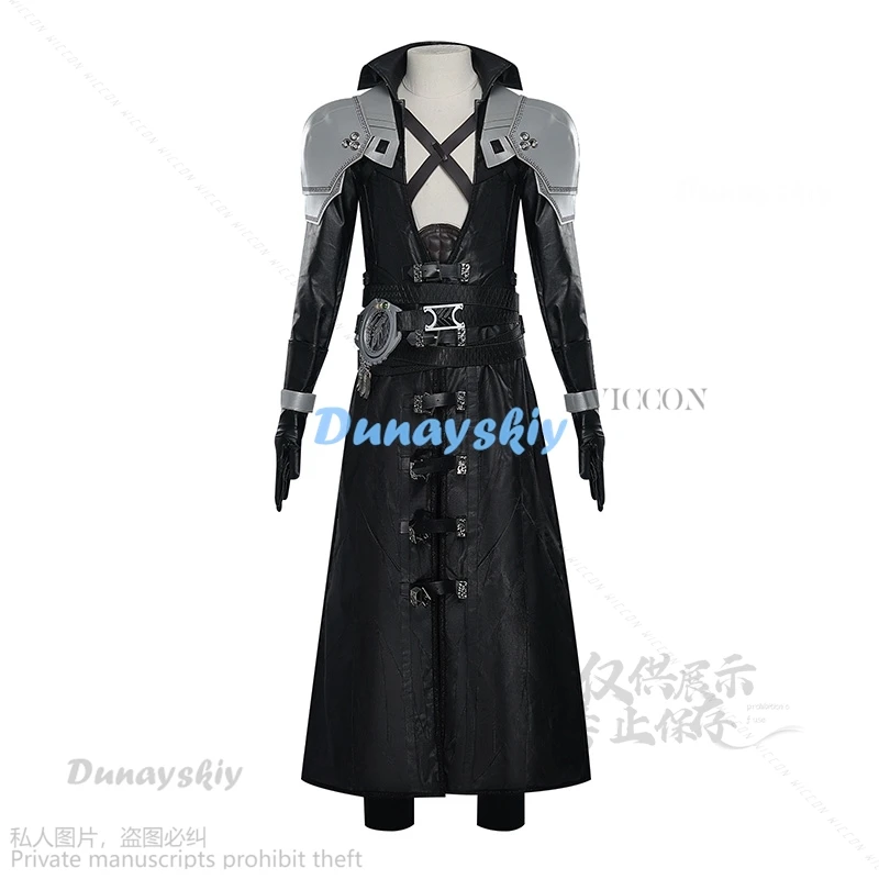 FF7 Sephiroth Cosplay Costume Black Fantasy Leather Coat And Long Grey Wig Cosplay Uniform Suit Full Set Roleplay Halloween Suit