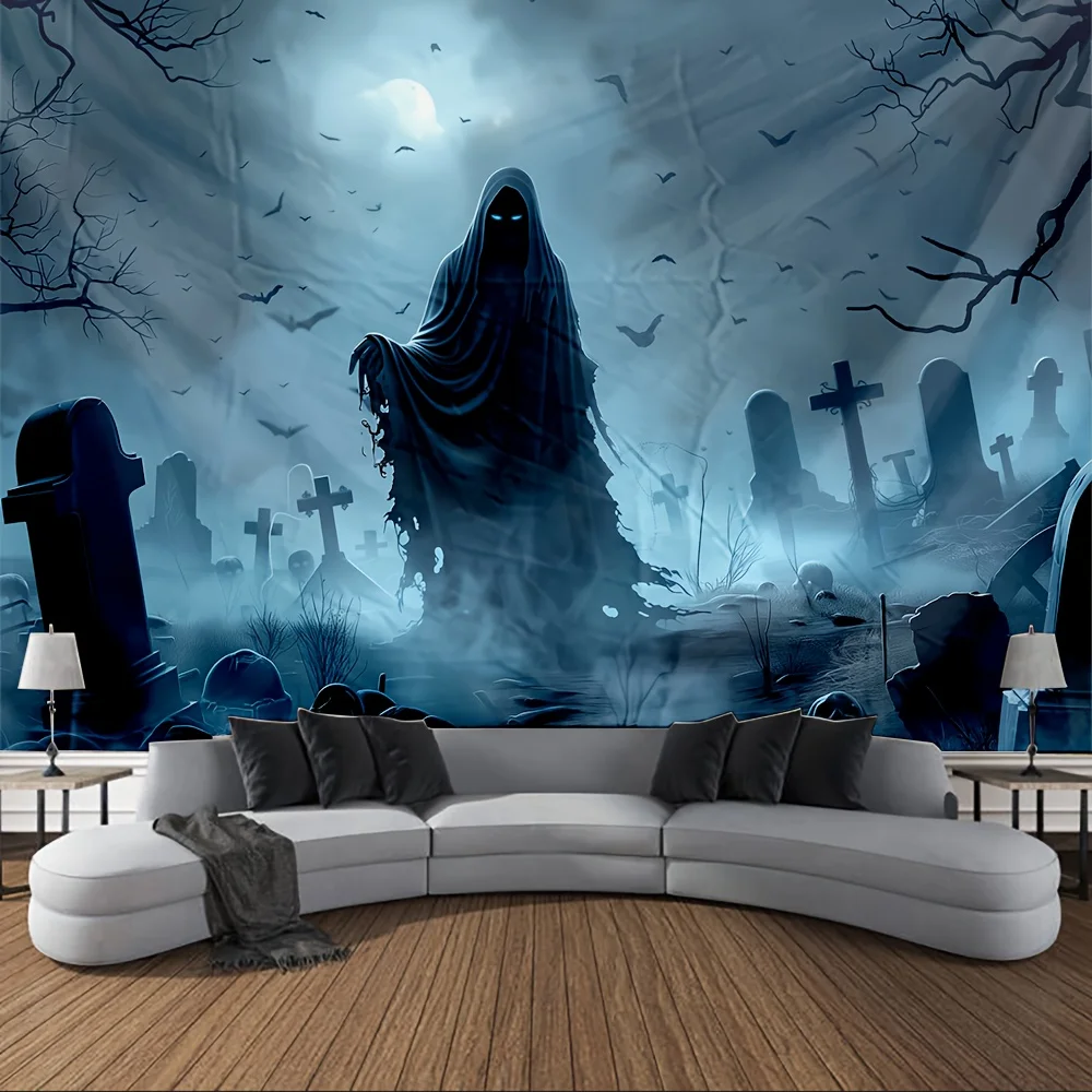 Creepy Reaper Tapestry - Foggy Graveyard Scene with Bats and Full Moon, Perfect for Halloween Decoration