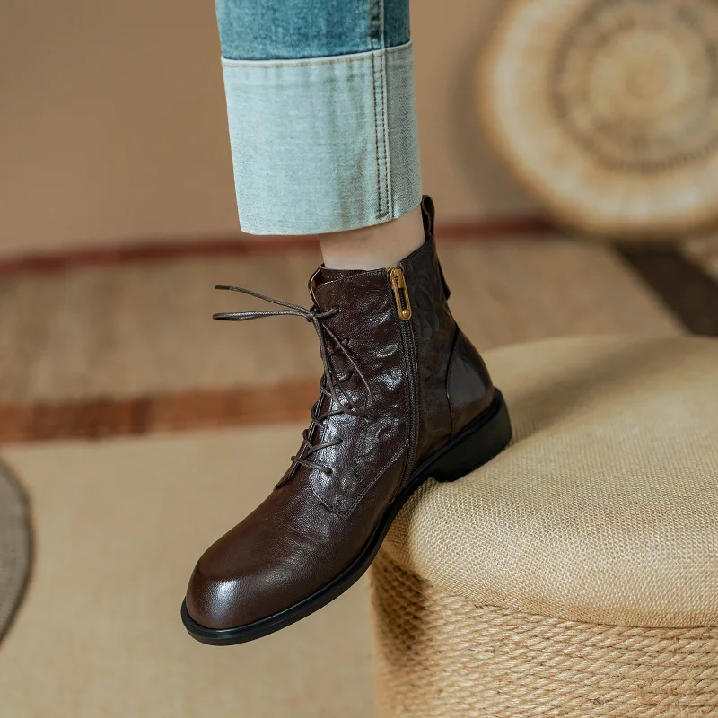 Botas de couro genuíno para mulheres, botas de tornozelo redondas, calcanhar robusto, lace-up, salto baixo, novo, outono