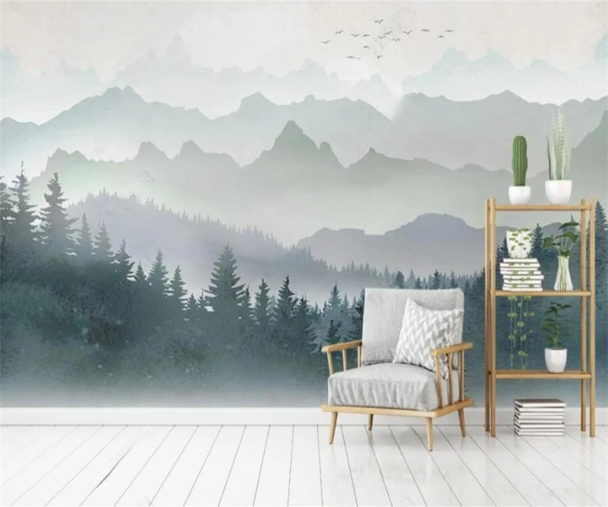 Customized mural Modern simple watercolor Geometric mountain forest bird TV background wall 3d wallpaper