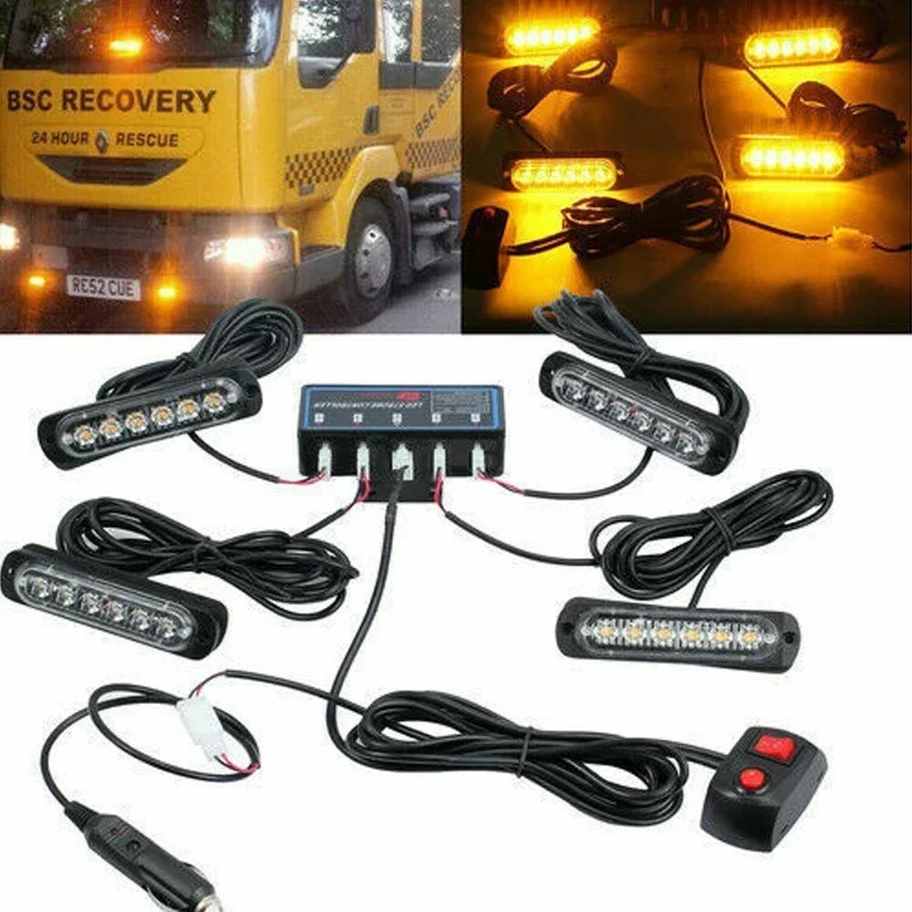 4pcs 6LED 12/24V Wired/wireless Remote Control Recovery Strobe Marker Light Flashing Light Bar Beacon Car Truck Warning Flashing