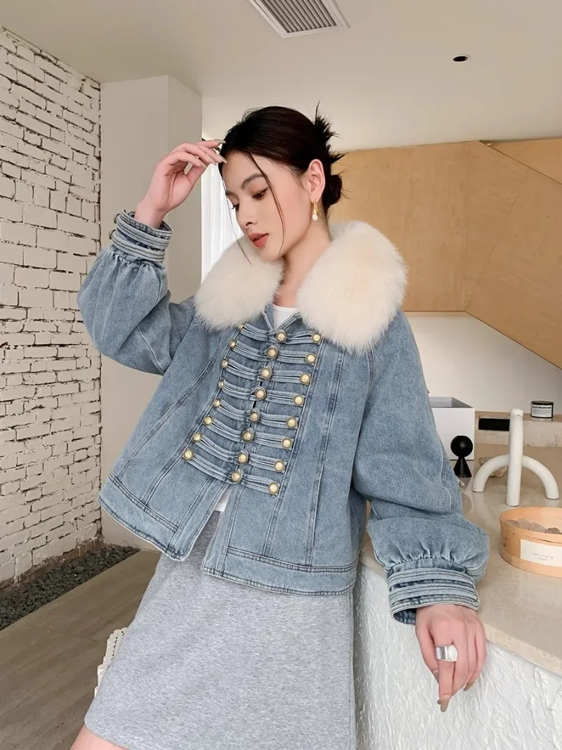 2024 ฤดูหนาวที่ถอดออกได้ Fox Hair DENIM FUR JACKET สําหรับผู้หญิง