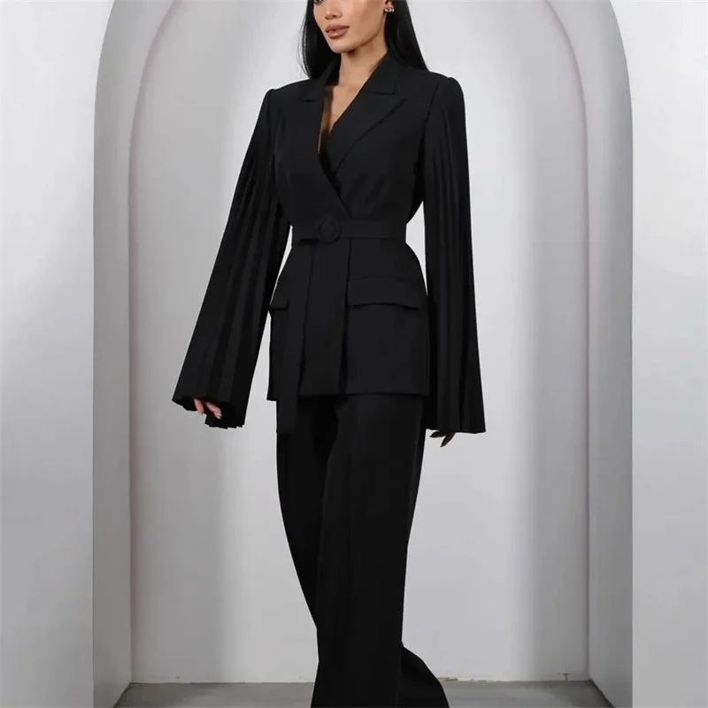 Elegant Slim Women Suits Black Formal Full Sleeves Blazer Pants Peaked Lapel With Belt Plus Size Custom Made Mother Of The Bride