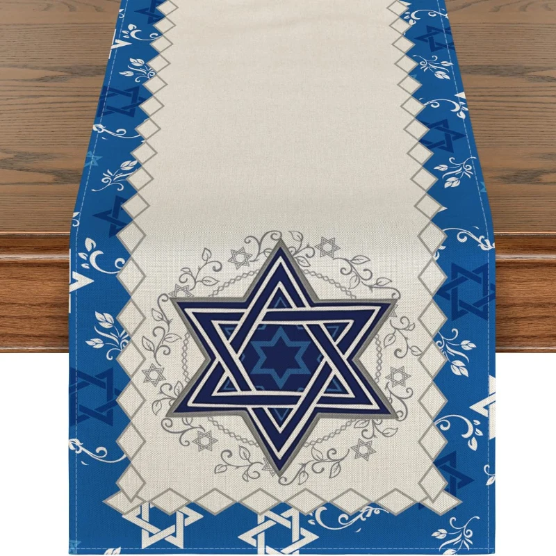 Hexagon Passover Table Runner, Jewish Menorah Hanukkah Holiday Kitchen Table Decorations Indoor Outdoor Home Party Decor