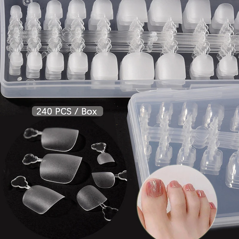 

240Pcs Square False Toe Nails Full Cover Frosted/Clear Press on Fake Toenail Plastic Foot Nail Art Tips Manicure Tools