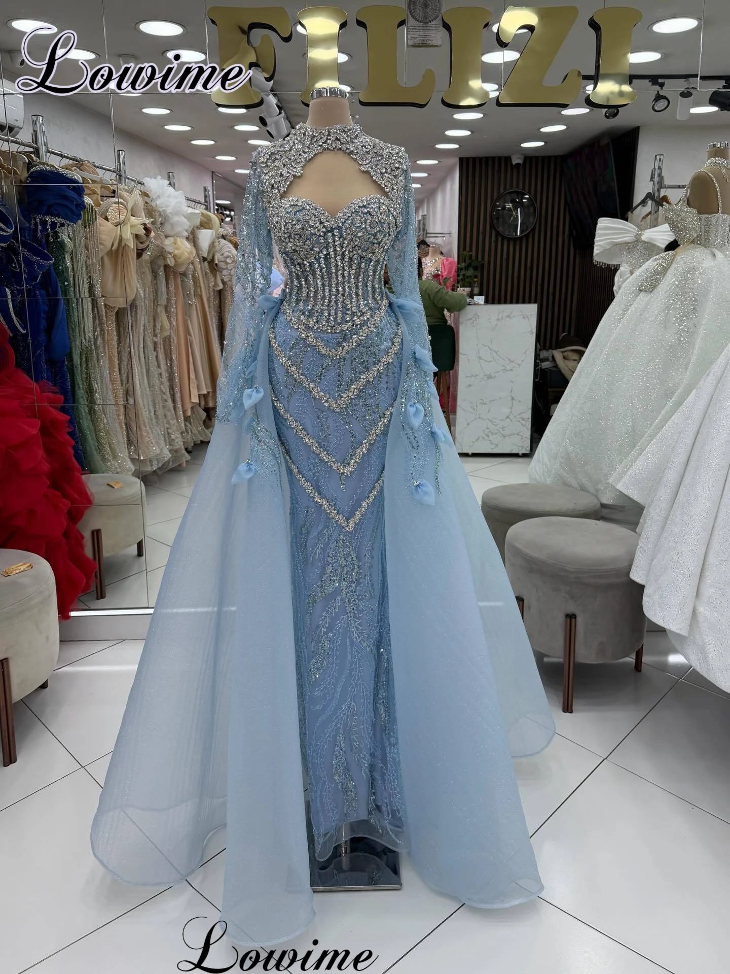 

Sky Blue Crystals Evening Dresses Elegant Long Sleeves Formal Occasion Dresses 2026 Prom Dresses robes de soirée Customized