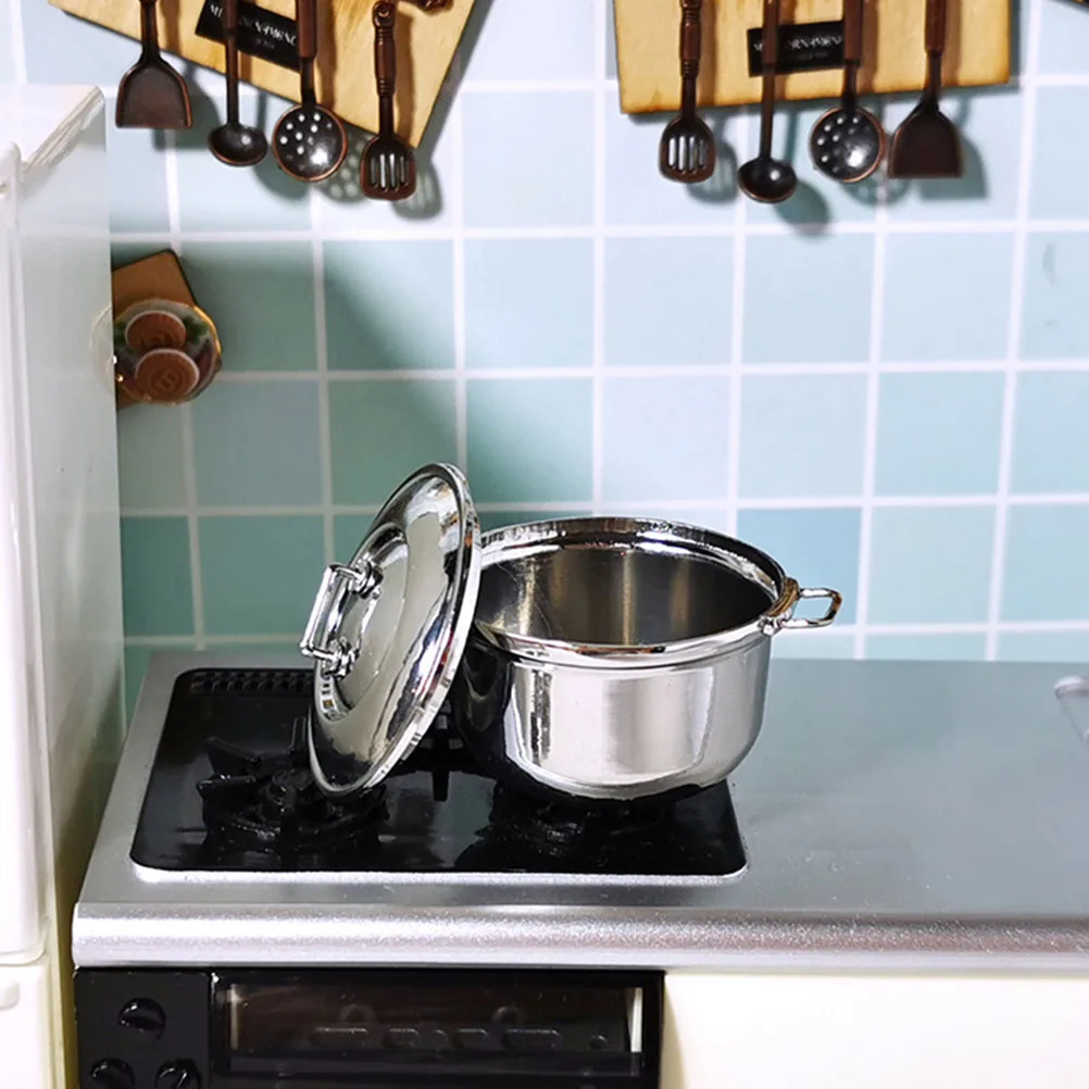 

3 Pcs Dollhouse Soup Pot Kitchen Pretend Playset Food Silver Miniature Stockpot