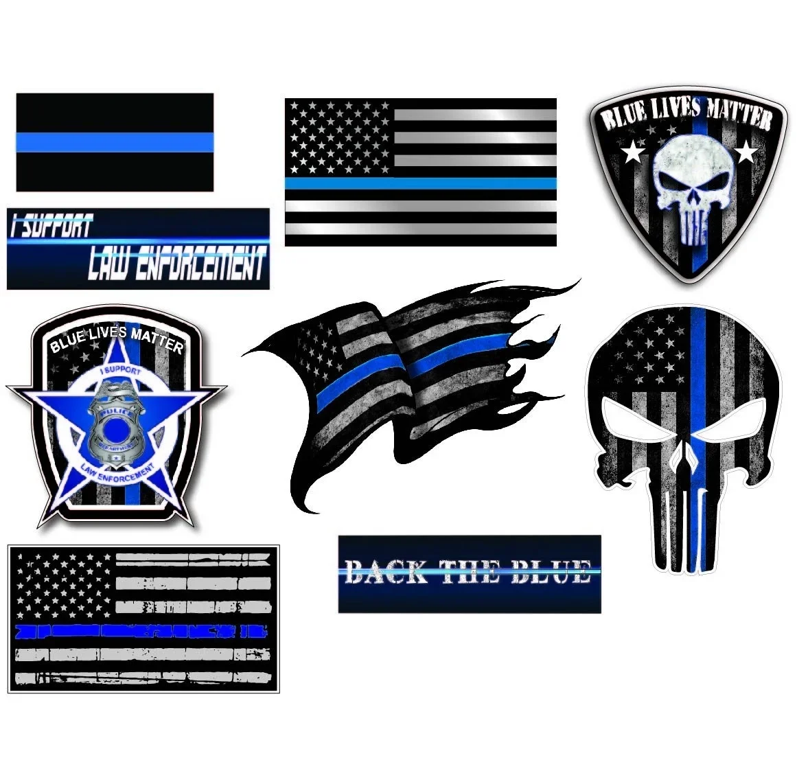 For Mega Variety Pack of Thin Blue Line Police Officer  Lives Matter American Flag Vinyl Decal Sticker Car Truck BLM(9 Pack)