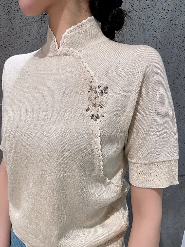 

Slimming Knitted Sweater New Chinese Sle Heavy Bead Embroidery Women's Faionable Cotton Blend ort Sve Stand Collar