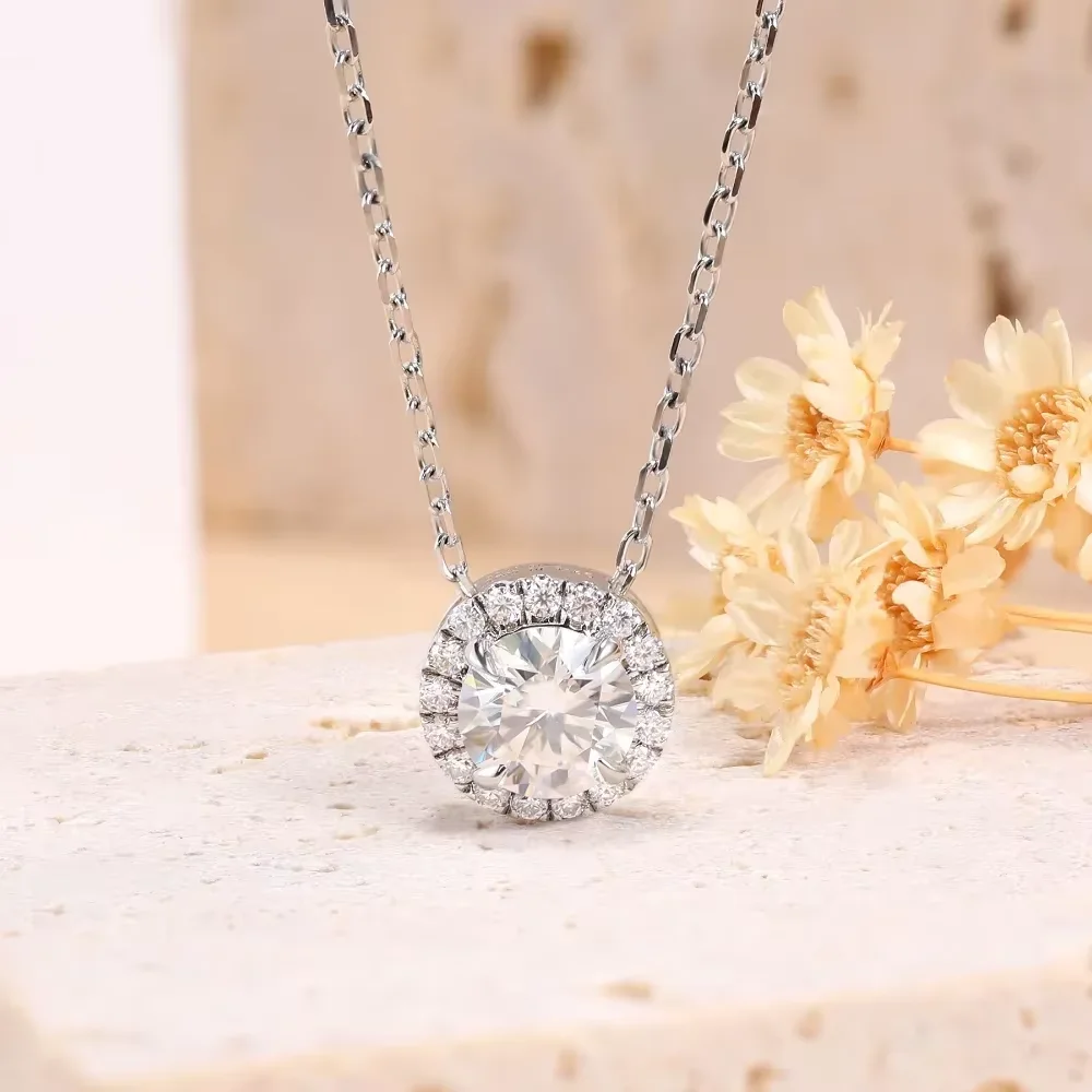 

Halo Moissanite Necklace Pendant 0.5ct/1ct D Color Round Cut 18K White Gold Plated 925 Sterling Silver Lab Diamond Chain Jewelry