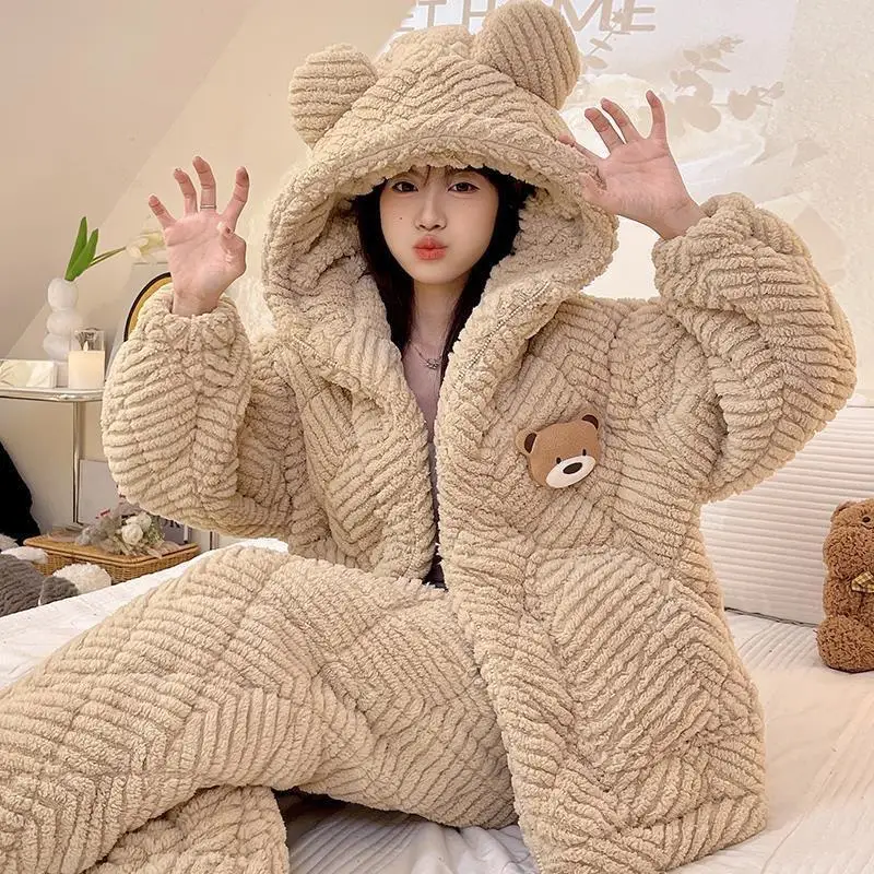 

Kawaii зимний утепленный пижамный комплект для девочек, ночное белье с капюшоном, сохраняющая тепло, домашняя одежда, которую можно носить в качестве верхней одежды, коралловый флис, одежда для сна с героями мультфильмов