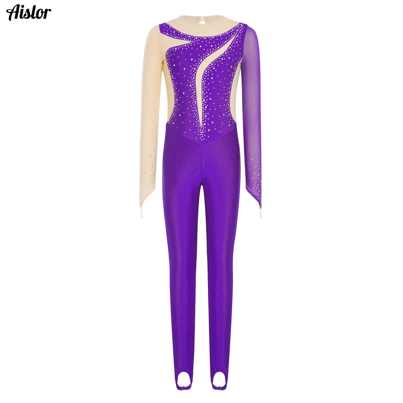 Children Girls Gymnastics Dance Jumpsuit Long Sleeves Finger Holes Shiny Rhinestones Mesh Ballet Figure Skating Leotard Bodysuit