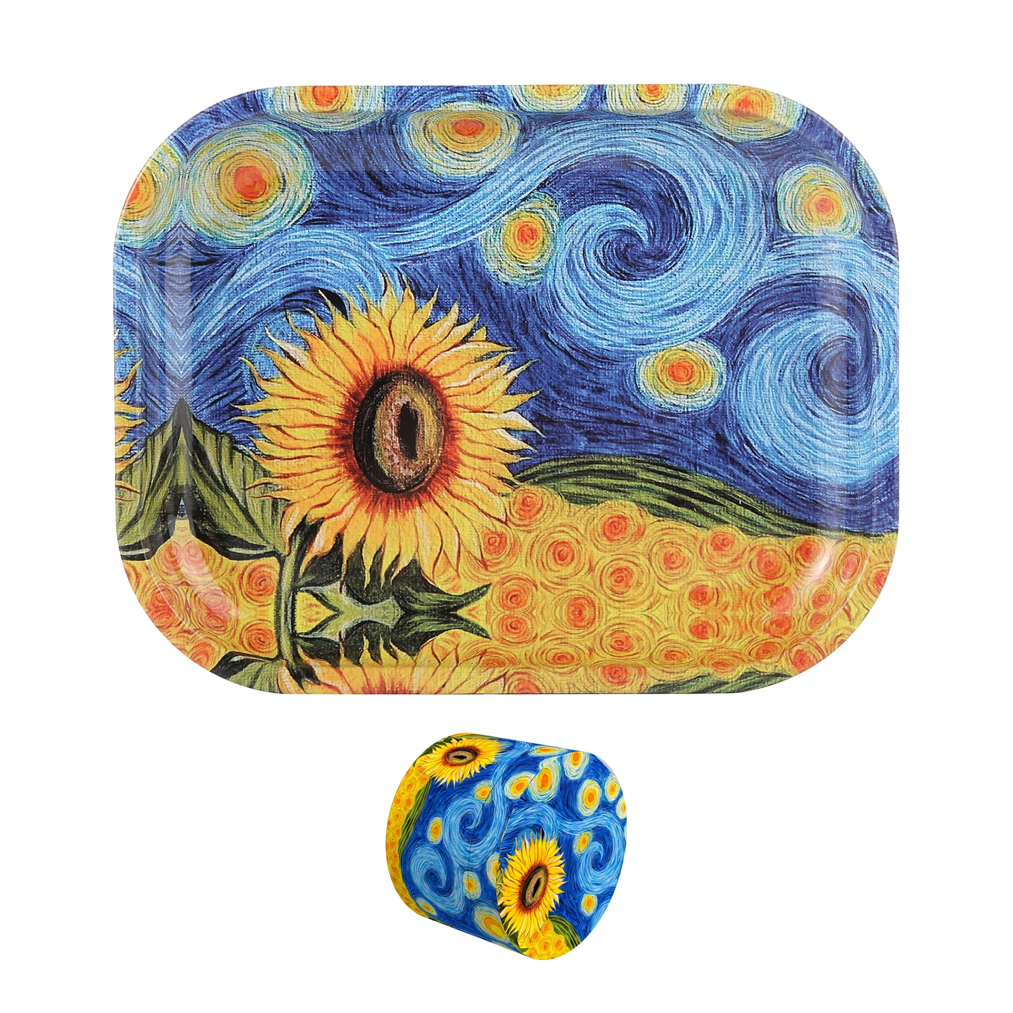 1/2 Pieces Starry Night Sunflower Rolling Tray & Herb Grinder Set - Artistic Smoking Accessory Kit