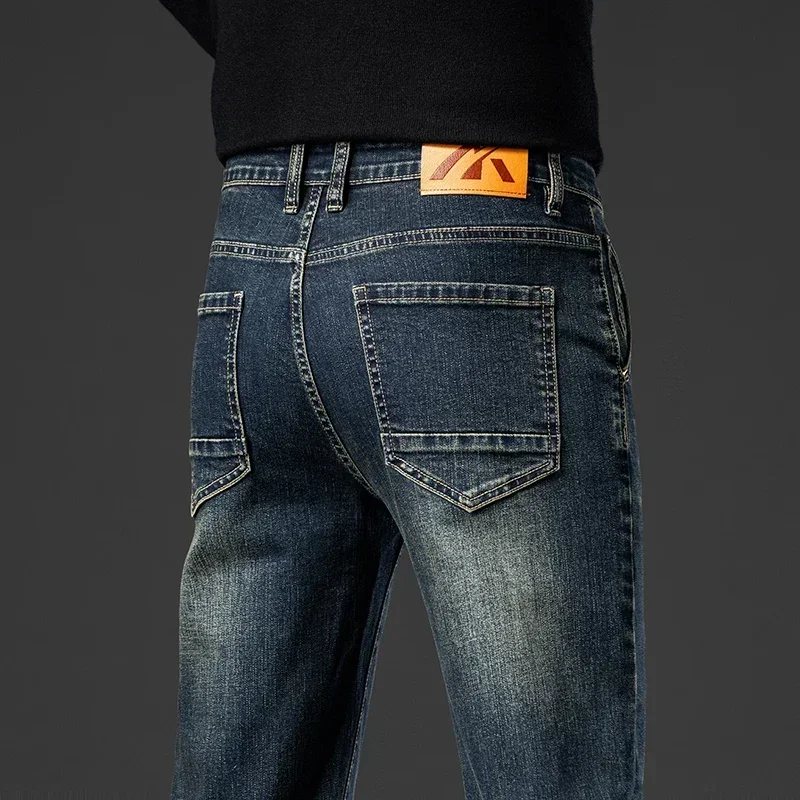 

Retro Men's Stretch Straight Jeans Washed Fashion Distressed Baggy Denim Trousers Male Full Length Classic Brand Pants