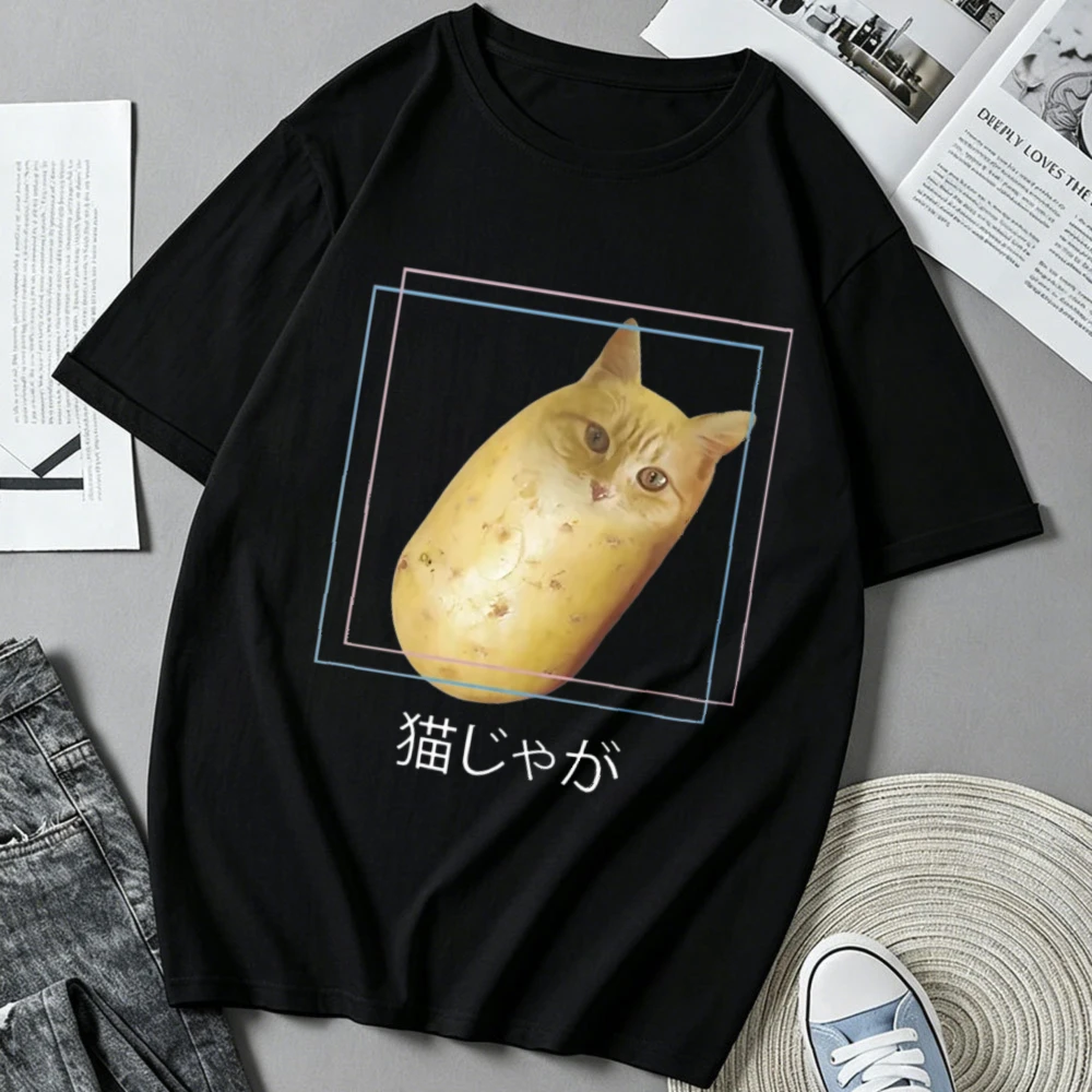 Potato Cat Neko Jaga Graphic Tshirt Unisex Funny Meme Japanese Print Short Sleeve Crew Neck Cotton Tee Casual Tops for Men Women