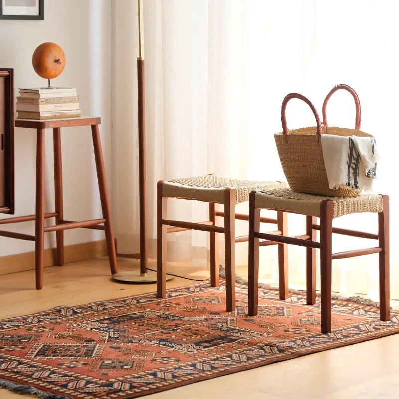 Vintage Cherry Wood Dining Stools Rope Woven Makeup Stools for Home Minimalist Hallway Ottoman Solid Wood Home Furniture