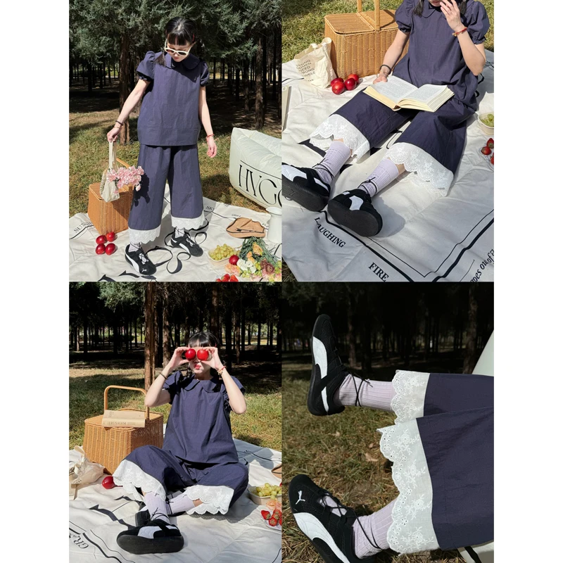 

Princ Sve irt Lace Trim Casual Pants Doll Collar Cotton Blend Miss Monkey Sweet Sle Anti-Wrinkle Wear Resistant White
