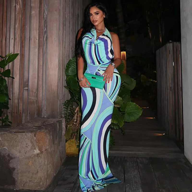 Sexy multi impressão ruched bodycon maxi vestido feminino elegante noite clube festa halter swinging colarinho sem costas vestidos longos de baile robe