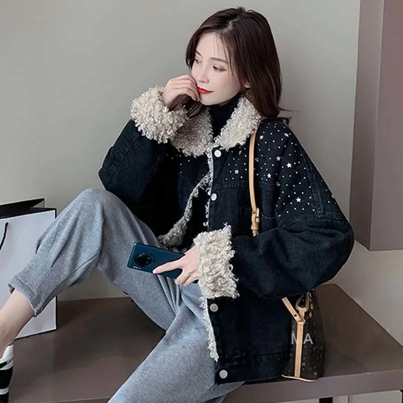 

2024 New Winter Jacket Fashion Fleece Lined Outerwear Coat Fake Fur Women Thick Warm Polo Collar Denim s T556