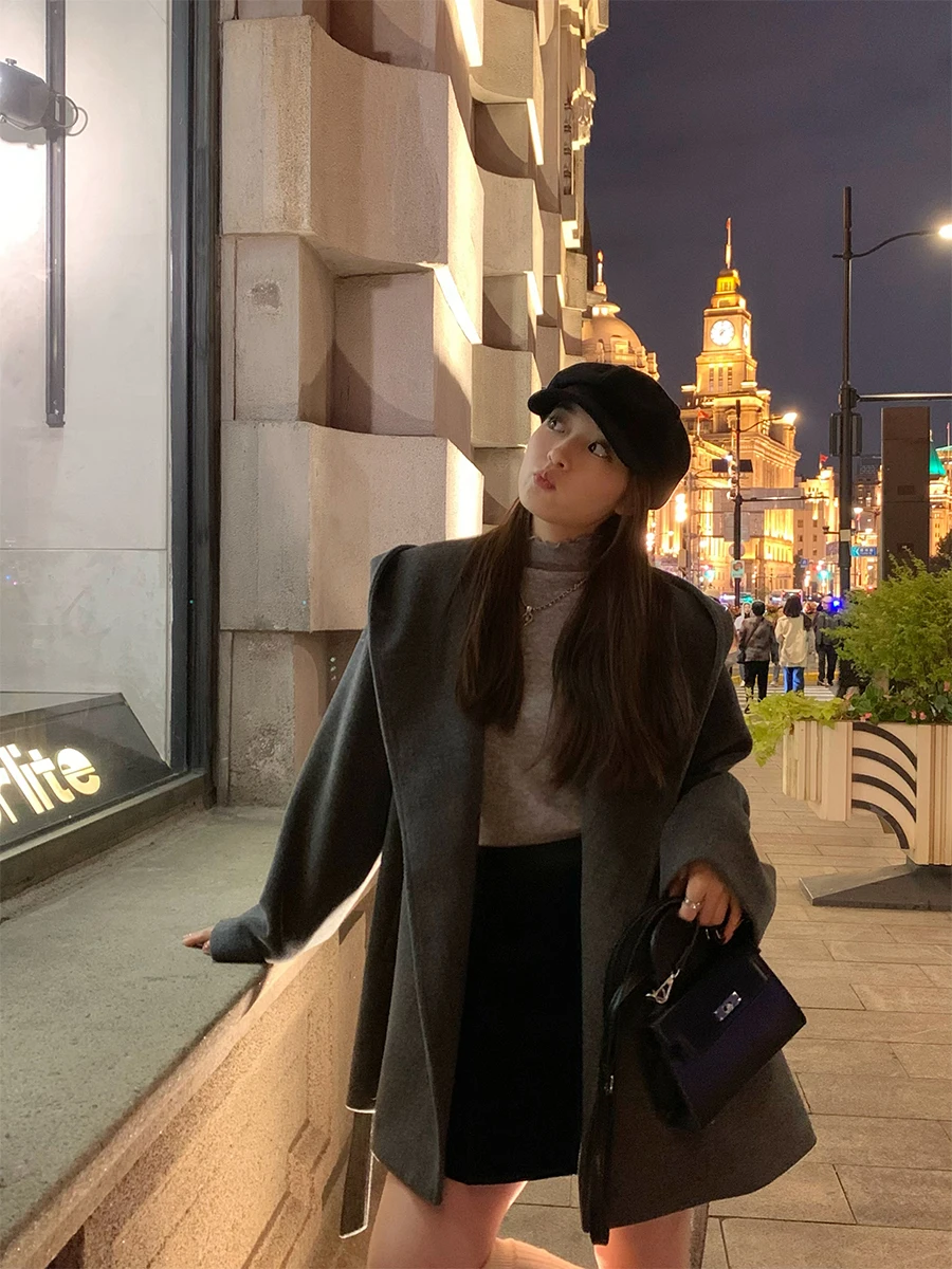 

Женское шерстяное пальто-накидка с капюшоном Sieu ey, осенне-зимнее, свободного кроя, с поясом, вязаное, модное, для повседневной носки