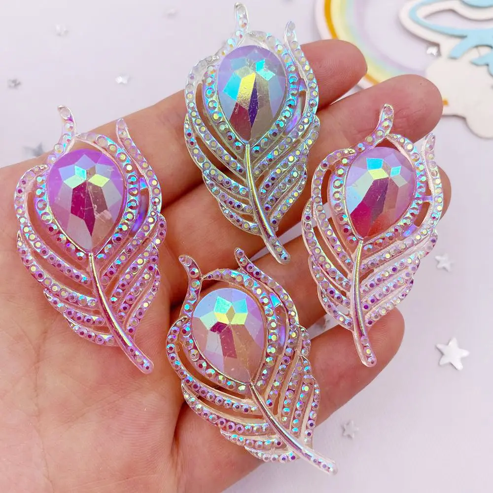 6PCS Glitter AB Resin Noctilucent 3D Big Peacock Feathers Flatback Rhinestone Scrapbook DIY Wedding Applique Gem Crafts L699