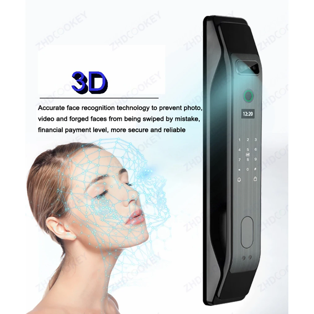 Night Vision 3D Face Recognition Automatical Smart Door Lock with Camera Monitor APP Fingerprint Digital Code Card Mobile Unlock