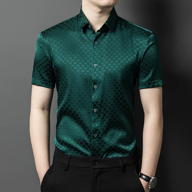 Jacquard High-End Shirts For Men Mulberry Silk Short Sleeve Cool Summer Quality Soft Comfortable Casual Luxury Camisas De Hombre