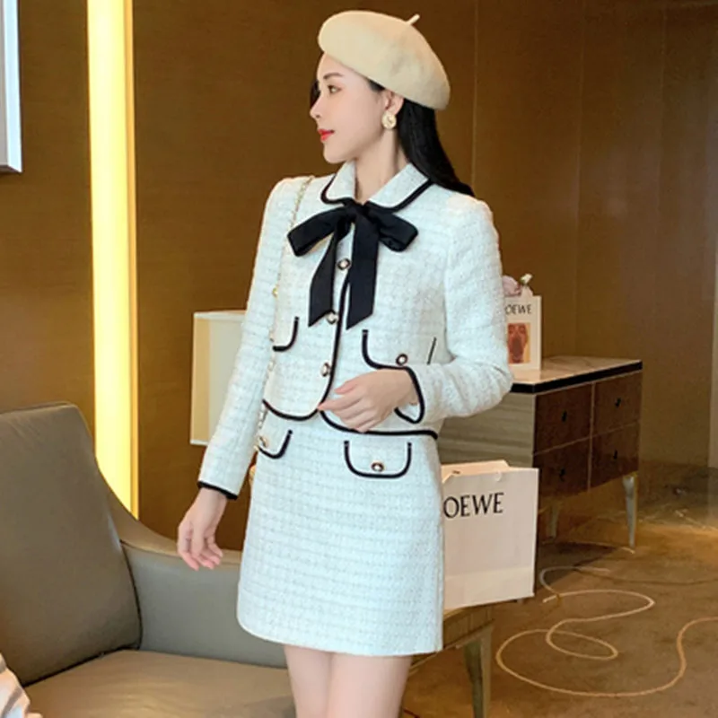 

Autumn Winter Small Fragrance Tweed Skirt Suits Fashion Women Bow Lace Up Short Jacket Coat + Mini A Line Suits Two Piece Set