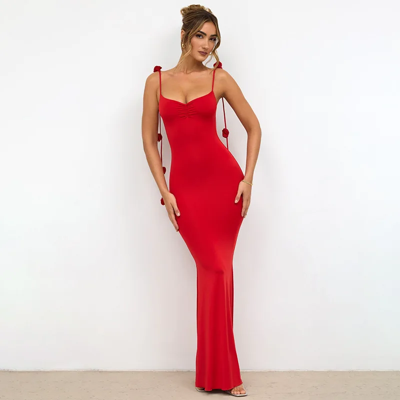 

Summer Women Long Dresses Elegant Solid Color 3D Flower Decorated Straps Sleeveless Neck Wrap Maxi Evening Patry Dress