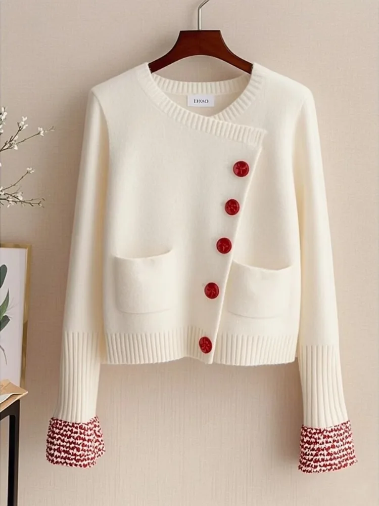 

Новинка осени 202, корейский модный белый круглый вязаный открытый кардиган, верхняя одежда, высококачественный женский свитер