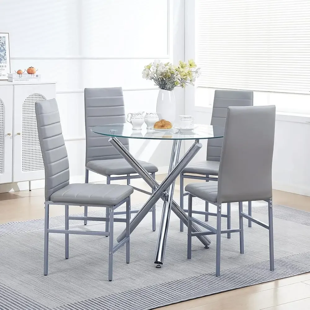 

Glass Round Dining Table Set or 4, Compact Kitchen Table with 4 aux Leather Chair Set,5-Pieces Round Glass Dinig Room Set or Sma