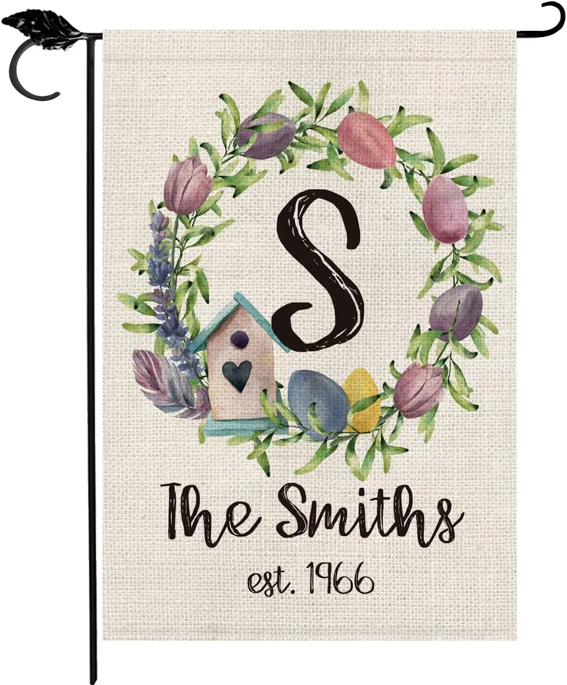 SMILE Personalized Spring Garden Flag, Summer Custom Monogram Initial Family Last Name Established Year Wreath, Double Sided 12