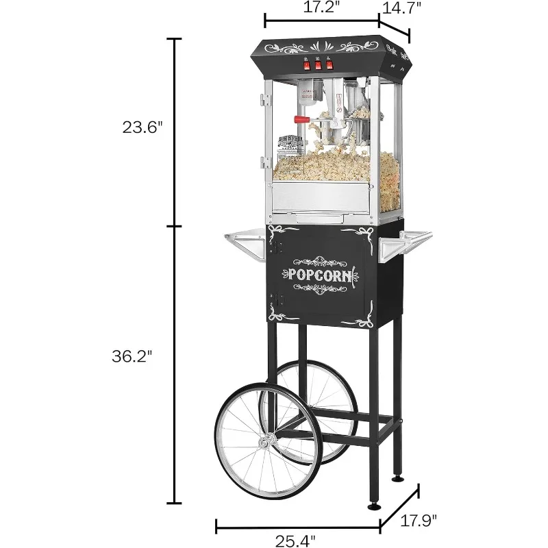 Máquina de palomitas de maíz con carrito: palomitas de 8 oz con hervidor de acero inoxidable, luz de calentamiento y accesorios (negro)