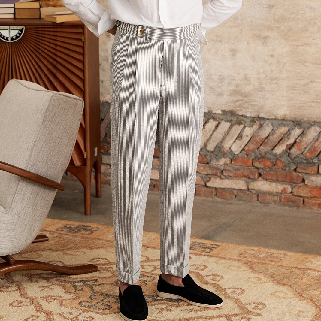 2024 Summer Bubble Wrap Striped High Waisted Straight Leg Pants Naples Breathable Thin Casual Suit Pants Men\'s Social Trousers