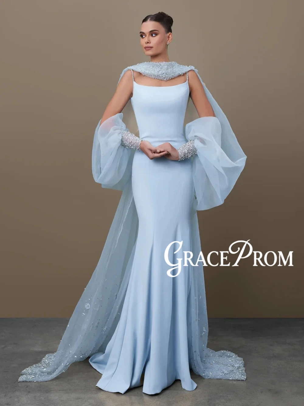 

GRACEPROM Blue Chic Beaded Evening Dress Sexy Open Back Mermaid Prom Gown Customized Romantic Gorgeous Galas Party Wear