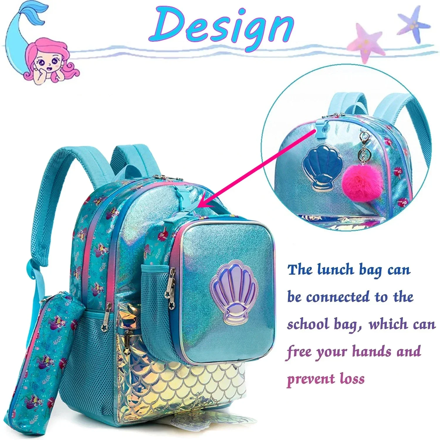 Children's Backpack for Girls Cute Backpacks for School Primary Students Mermaid School Bags with Lunch Box Kids Book Bags