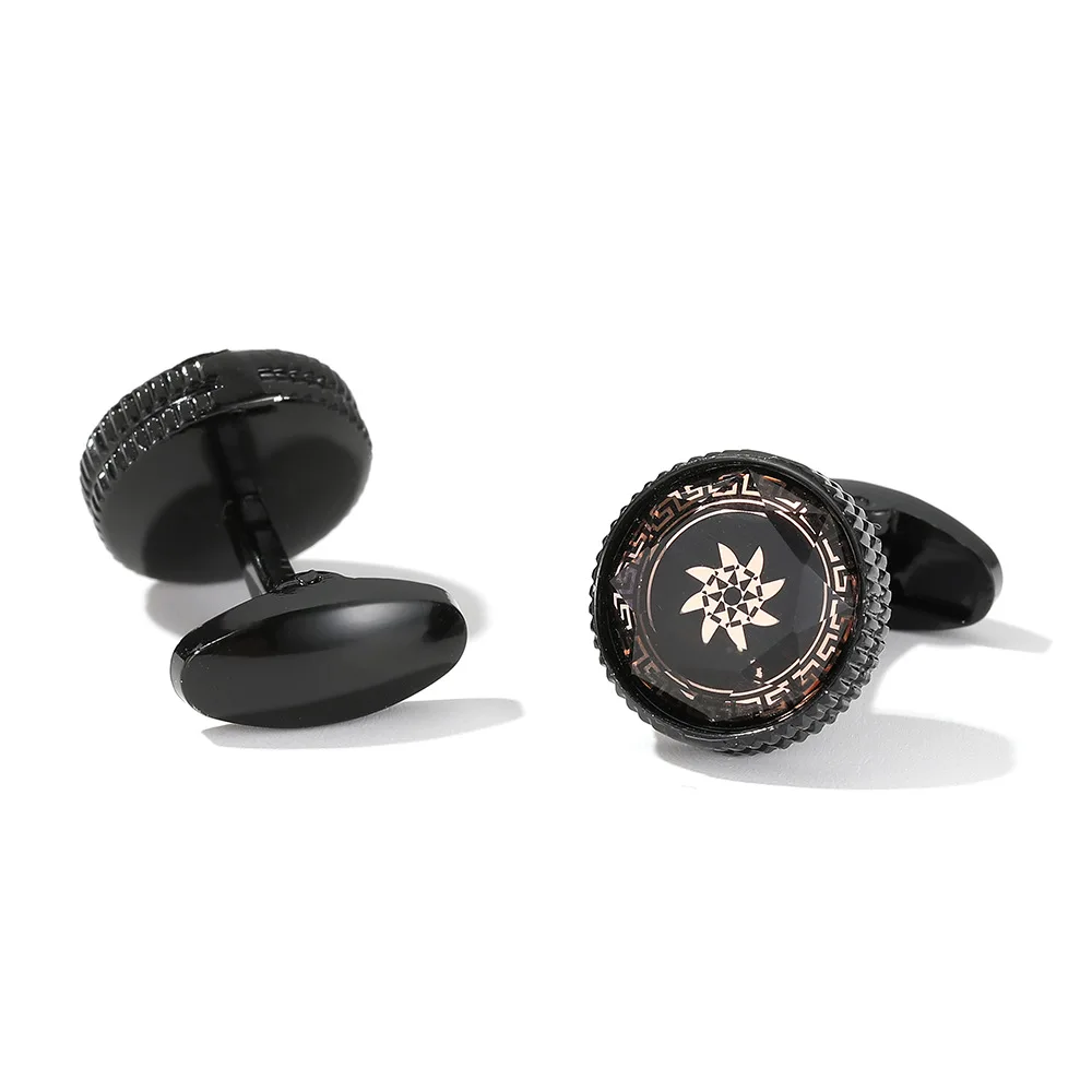 Black Inlaid Rose Gold Greek Herringbone Star Patterned Cufflinks Men's Business Dress Cufflinks Banquet Dress Suit Accessories